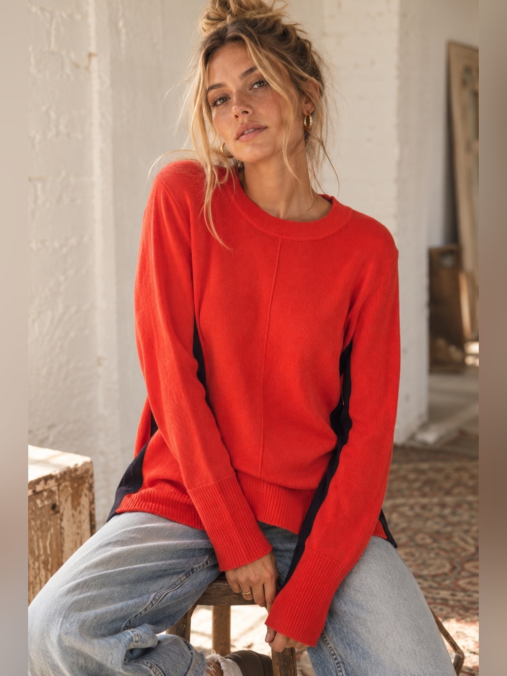Boden Red/Orange Navy Colorblock Wool Cotton Sweater Small